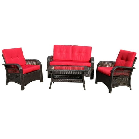 4-piece brown resin wicker outdoor patio furniture set - red cushions