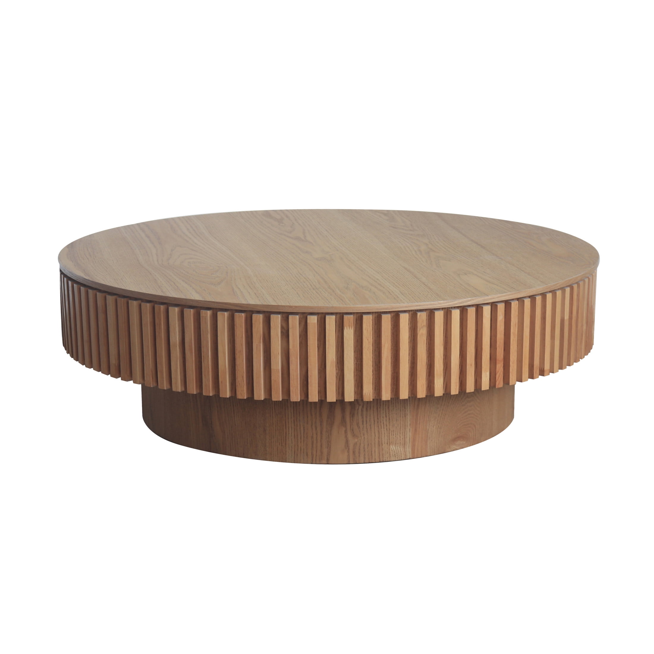 Noble House Leigh 39.3" Round Coffee Table with Hidden Storage, Solid Wood Veneer Fluted Accent Tea Table, Natural