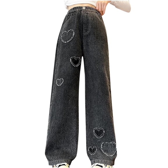 BCSIOAOI Kids Pants Girls,Frayed Heart Patch Wide-Leg Denim Jeans with Pockets Black 8-9 Years