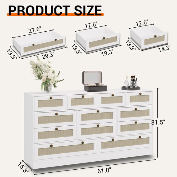 Modern 12-Drawer Wooden Dresser with Rattan Accents, Storage Chest & TV Stand for 65" TV, Organizer for Bedroom Living Room Closet, White