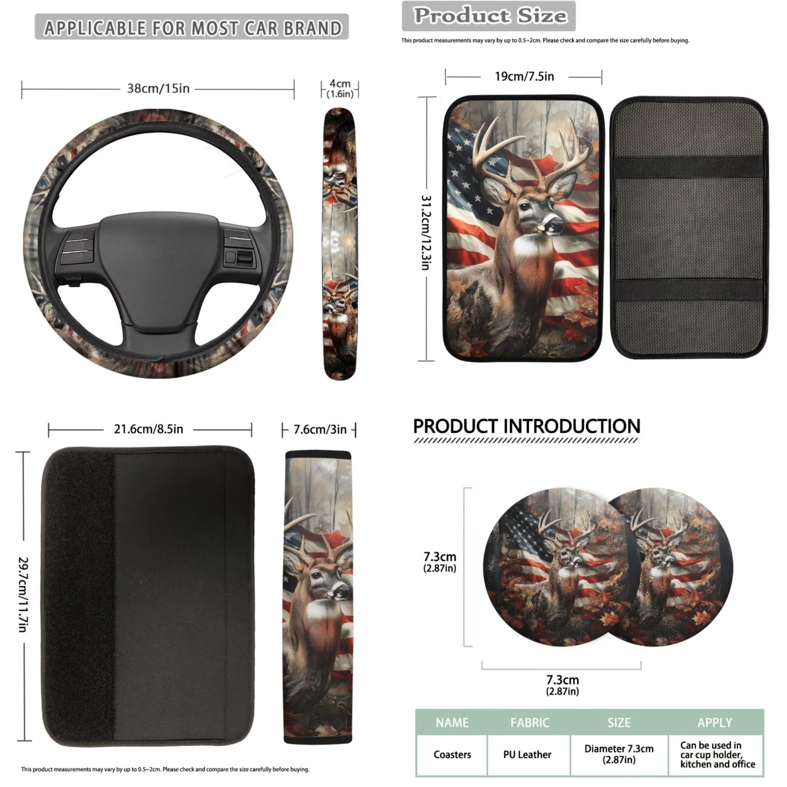 Binienty Hunting Deer Camo Automotive Seat Covers with Car Steering Wheel Cover American Flag Elastic Armrest Cushion Pad Seat Belt Cushion Pad Keychain Automotive Interior Accessories Set
