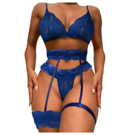 

EHTMSAK Babydoll Bra and Panty Sets for Women Teddy Sexy Lingerie Set Lace Eyelash Lingerie with Garter Blue L