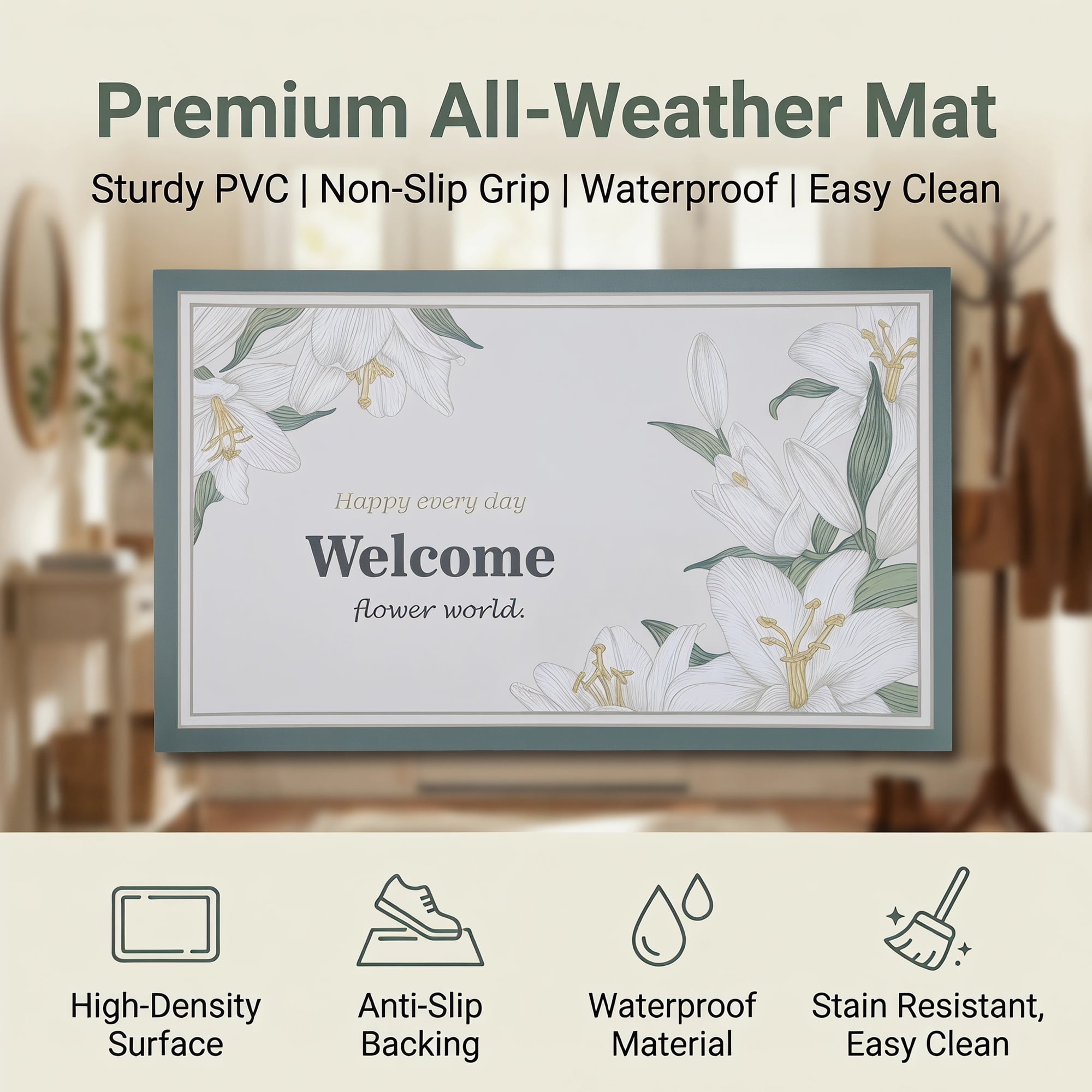 Unique Bargains Non-Slip Doormat for Front Door Waterproof Mud Scraper Rug Beige 30" x 18"