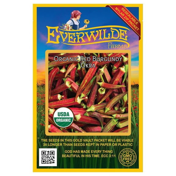 Everwilde Farms - 50 Organic Red Burgundy Okra Seeds - Gold Vault Jumbo Bulk Seed Packet