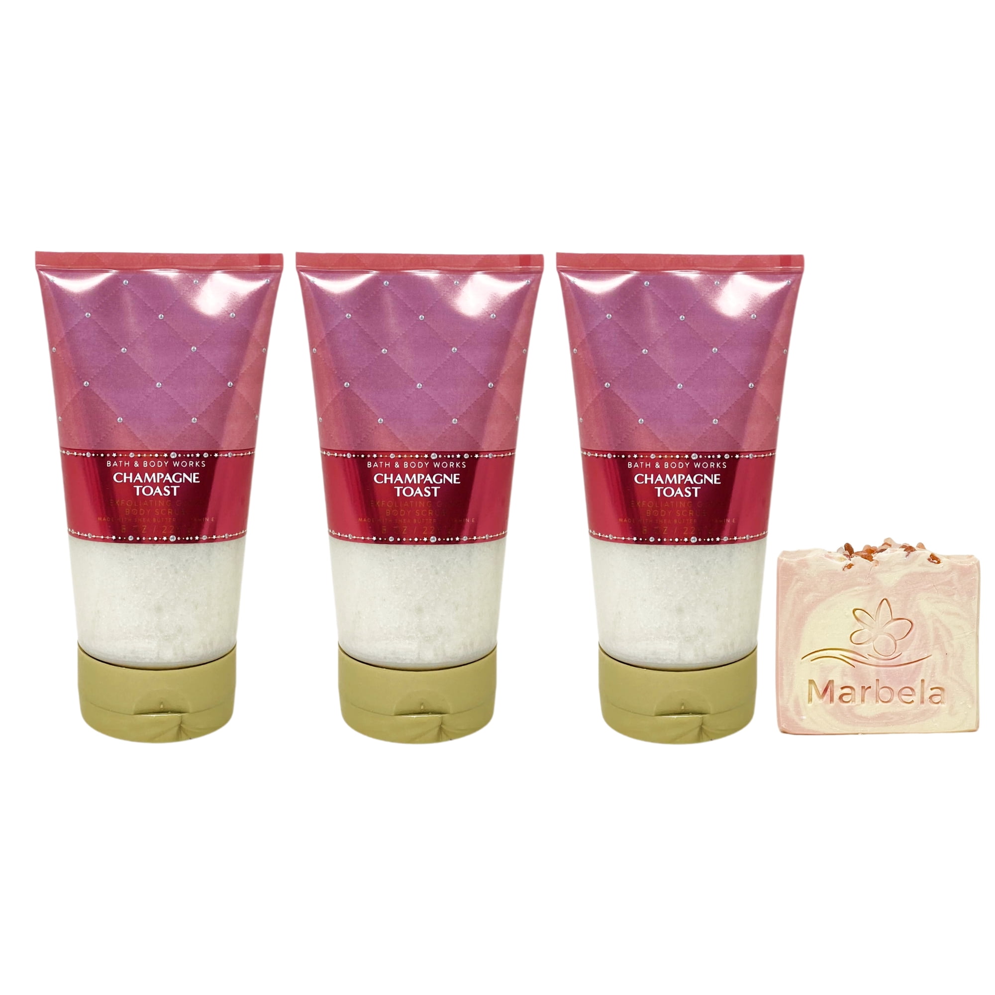 Bath & Body Works Champagne Toast 3 Exfoliating Glow Body Scrubs with a Himalayan Salts Springs Bar Soap
