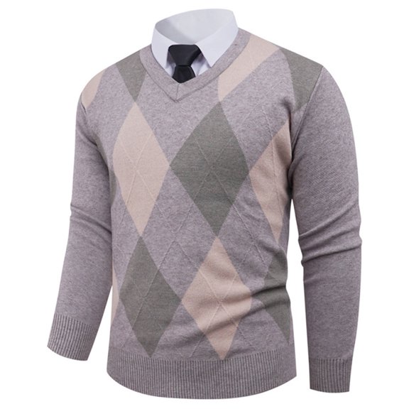 SYMOID Mens Khaki Argyle V-Neck Sweater - Long Sleeve Acrylic, Soft Tailored Fit, M to XXXL, Suitable for Daily/Office/Casual Cool Weather Wear,Size L