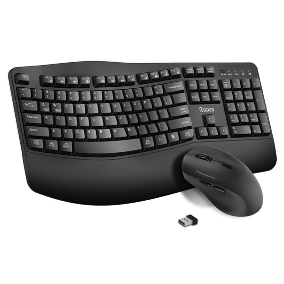RECCAZR Advanced Combo Wireless Keyboard and Mouse, Wave Keys Ergonomic Keyboard with Wrist Rest and 3-Level DPI Adjustable Wireless Ergonomic Mouse for Windows, Mac OS Desktop/Laptop/PC(Black)