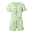thumbnail image 4 of Hauaitttt Women Peplum Shirt Shorts Set Two Piece Set Pajamas Sets Puff Sleeve Tie Front Top 2pcs Outfits Set Shorts Two Piece Outfits Two Piece Summer Clothes for Women Bathing Suits Tops for Women, 4 of 8