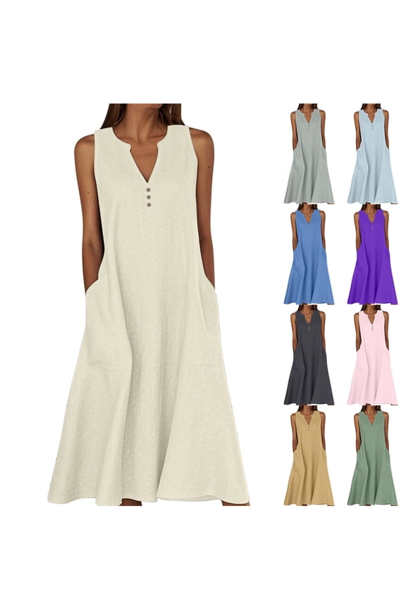 Women's Midi Dress Summer Cotton Linen Sundress V Neck Sleeveless Empire Waist Dress with Pockets Loose Fit Flowy Dress for Beach Vacation Pink,M