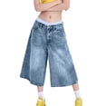 thumbnail image 2 of Wutalume Capri Pants for Women Denim - Low Rise Loose Fit Bermuda Style Summer Jorts Cropped Length High Waist Vintage Wash,Light Blue L, 2 of 8