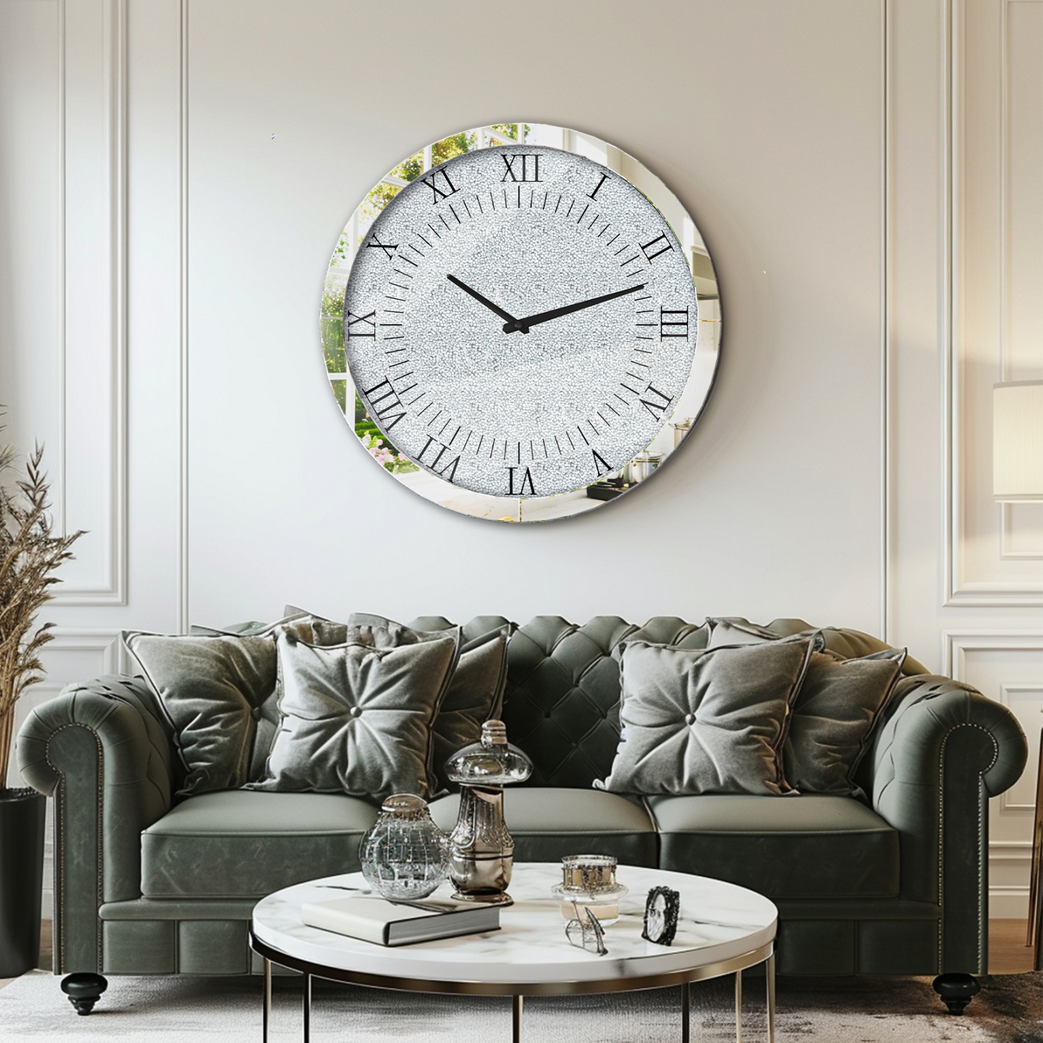 LUVODI 23.62x23.62 inch Crushed Diamond Wall Clock Crystal Twinkle Wall Hanging Clocks with Silver Bevels Edging