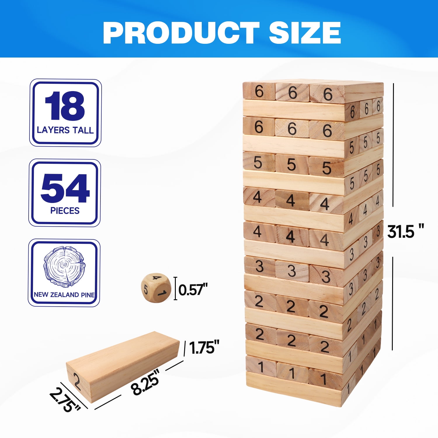 Premium Tabletop Tower Block Set - 1x3 - 54 or 60 Blocks