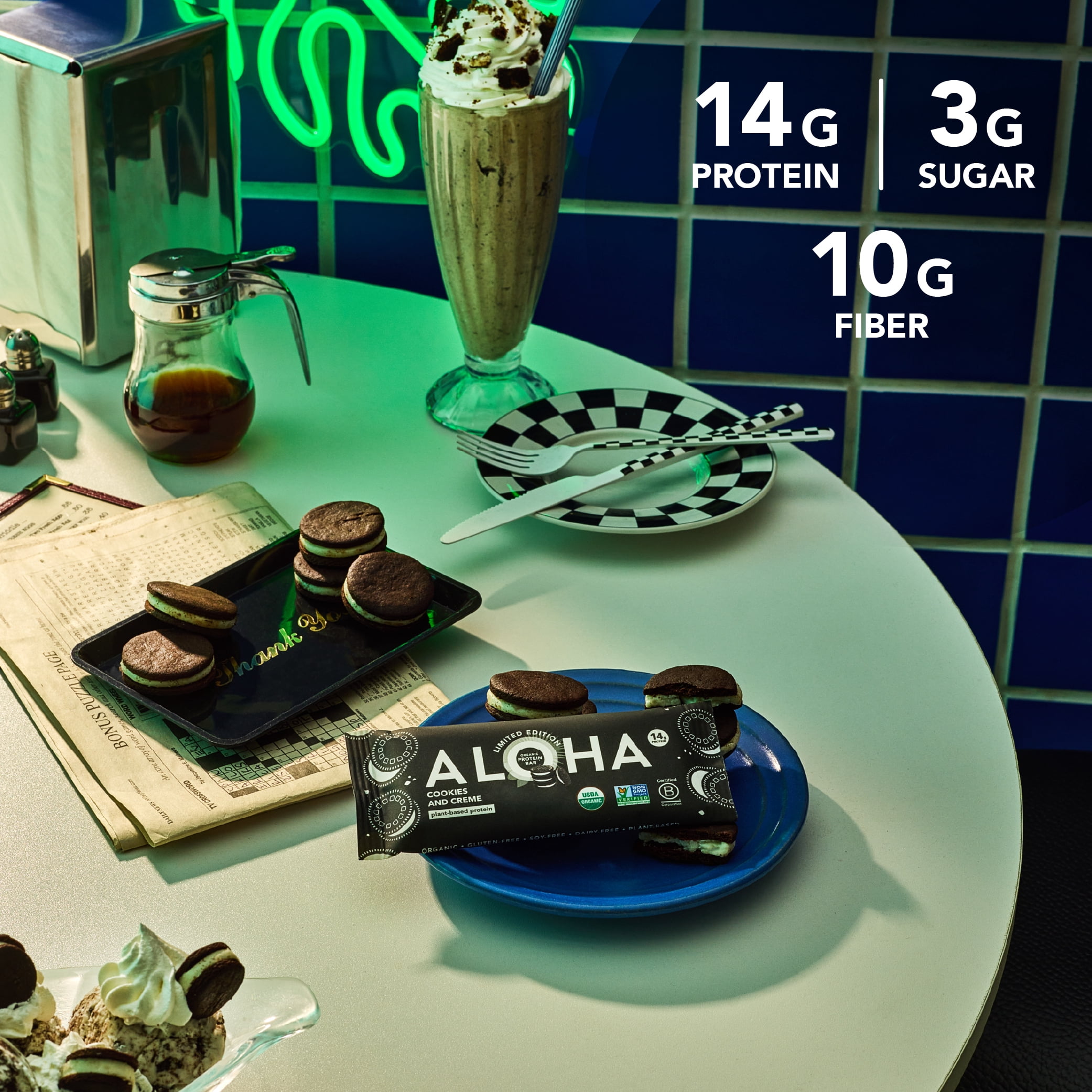 ALOHA, Organic Plant Based Protein Bars, Cookies and Creme, 14g Protein (Pack of 12)