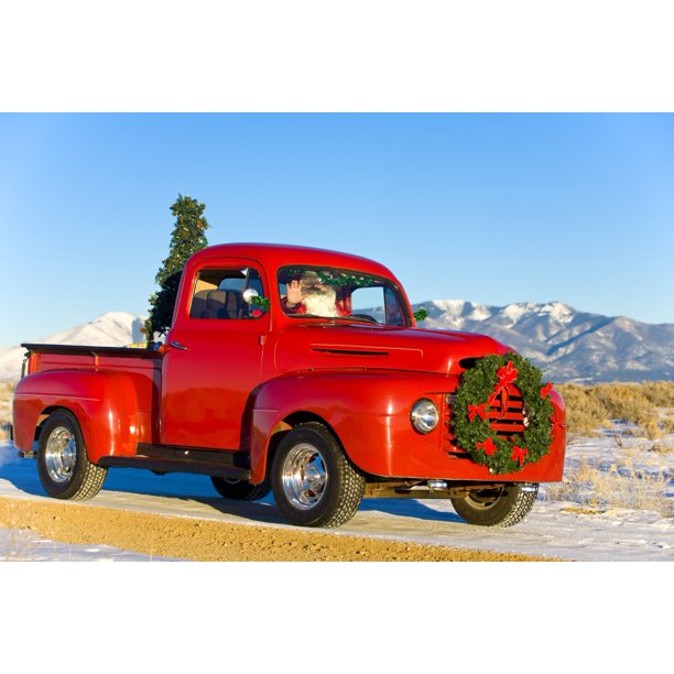 Santa Driving A Vintage Red Ford Pick Up Truck Down A Snowcovered Rural Road In The Rio Grande Valley Of New Mexico Stretched Canvas Michael Deyoung Design Pics 34 X 22