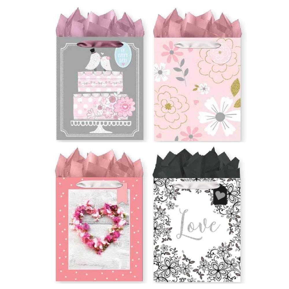 Pack of 4 Large Wedding Gift Bags Assortment of Glitter Embellishments