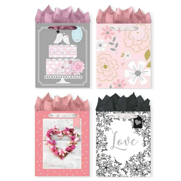 Pack of 4 Large Wedding Gift Bags Assortment of Glitter Embellishments