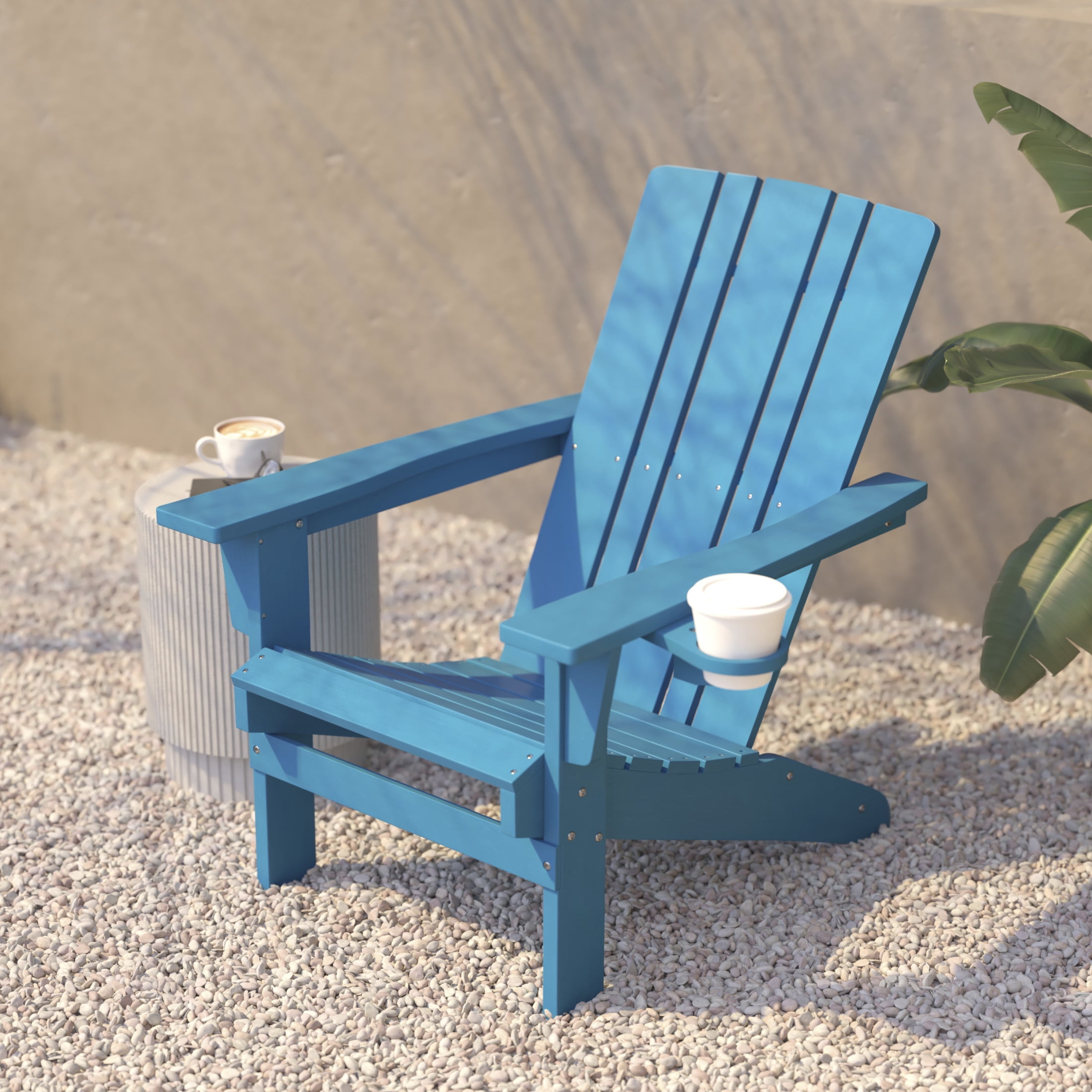 BizChair Adirondack Chair with Cup Holder, Weather Resistant HDPE Adirondack Chair in Blue