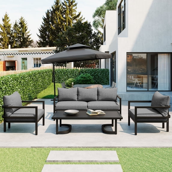 Outdoor Waterproof Steel Sofa Set, 4-Piece Patio Furniture Set Anti-rust and Anti-uv Sofa with Armchairs Coffee Table and Gray Cushions, All Weather Conversation Steel Sofa Set
