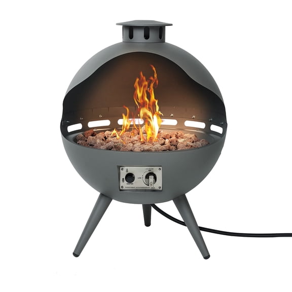 Outdoor Propane Chiminea Fire Pit, Modern Round Steel Patio Fireplace with Vented Top, Lava Rocks & Push-Button Ignition, 55,000 BTU Freestanding Backyard Fire Pit, Gray