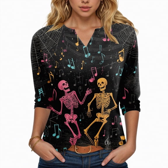 Godom Halloween Shirts Women T-Shirt Funny Pumpkin Graphic V-Neck Tee Fall 3/4 Long Sleeve Tops