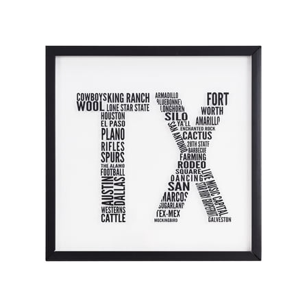 Crystal Art Gallery 16x16 Texas on Glass Wall Art Decor, Black Framed Shadow Box Americana Farmhouse Texas Typography Home Wall Décor