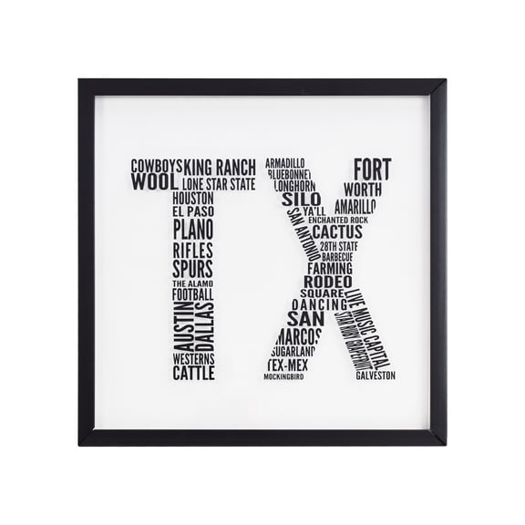 Crystal Art Gallery 16x16 Texas on Glass Wall Art Decor, Black Framed Shadow Box Americana Farmhouse Texas Typography Home Wall Décor