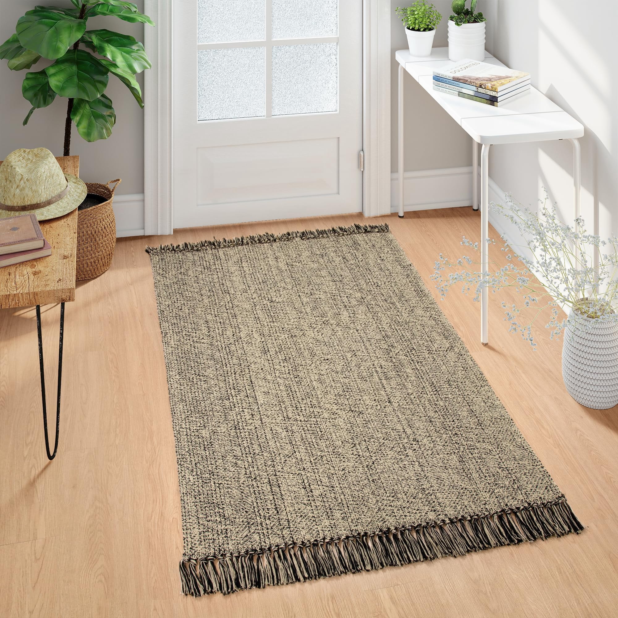 SUNDEREY 3'x5' Washable Bedroom Rugs,Area Rug,3x5ft Bohemian Kitchen Rug, Cotton Woven Entryway Rug, Modern Braided Door Mat,Stain Resistant Boho Rug Low-Pile Throw Rug for ‎Dining Room Office,Black