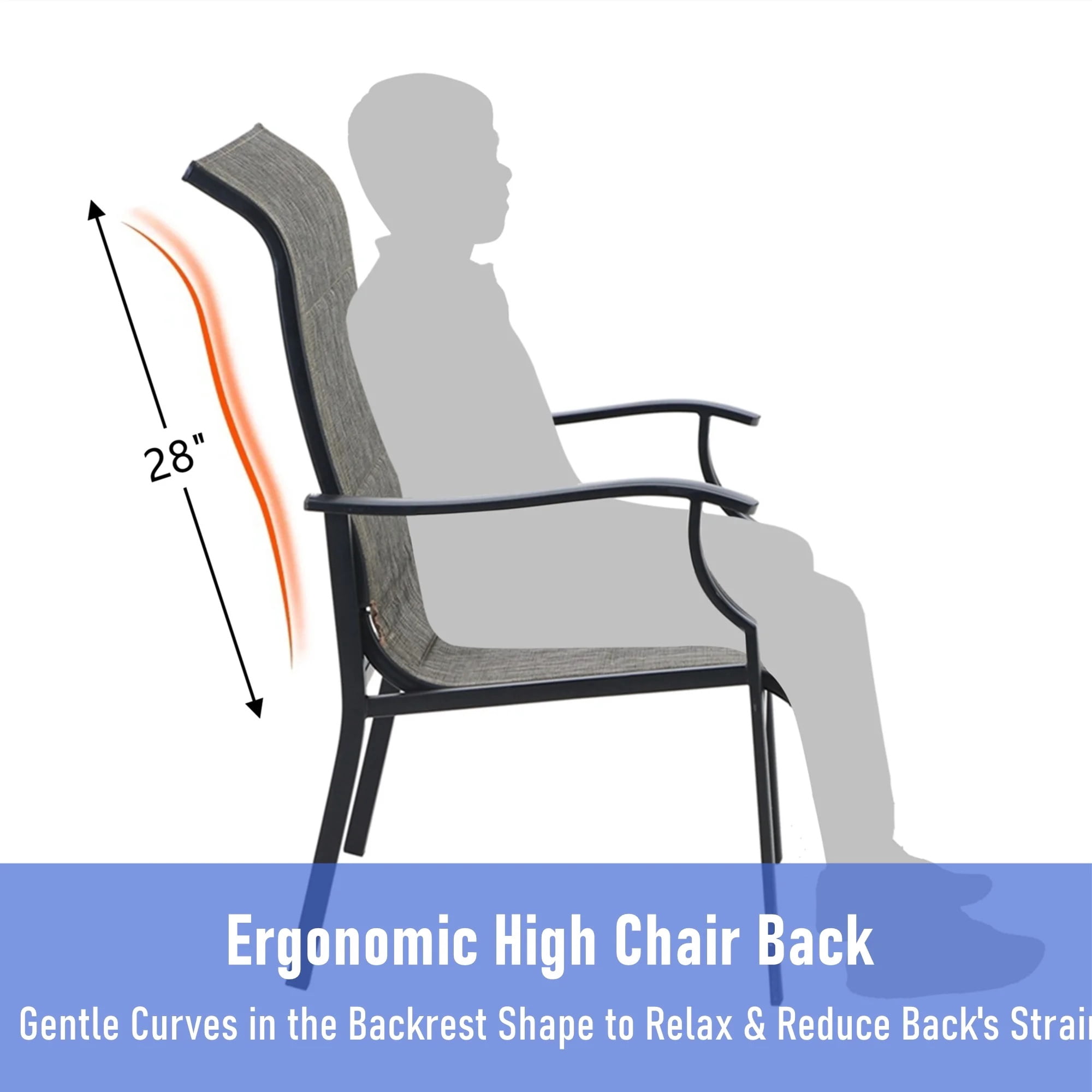 SUMMIT LIVING 2-Piece High-Back Outdoor Patio Dining Chairs with Quick-Dry Padded Textilene, Black & Gray-brown