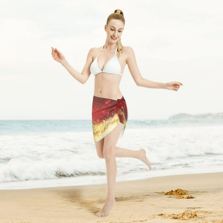Kll Red Gold Glitter Print Women'S Sarong Coverups Short Bathing