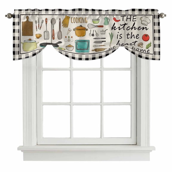 Kitchenware Tie Up Valance Curtains for Windows, Kitchen Curtains Window Treatments, Vintage Kitchen Cooking Tool White Black Checkered Short Window Shades Valances for Bedroom Bathroom Cafe 42"x12"