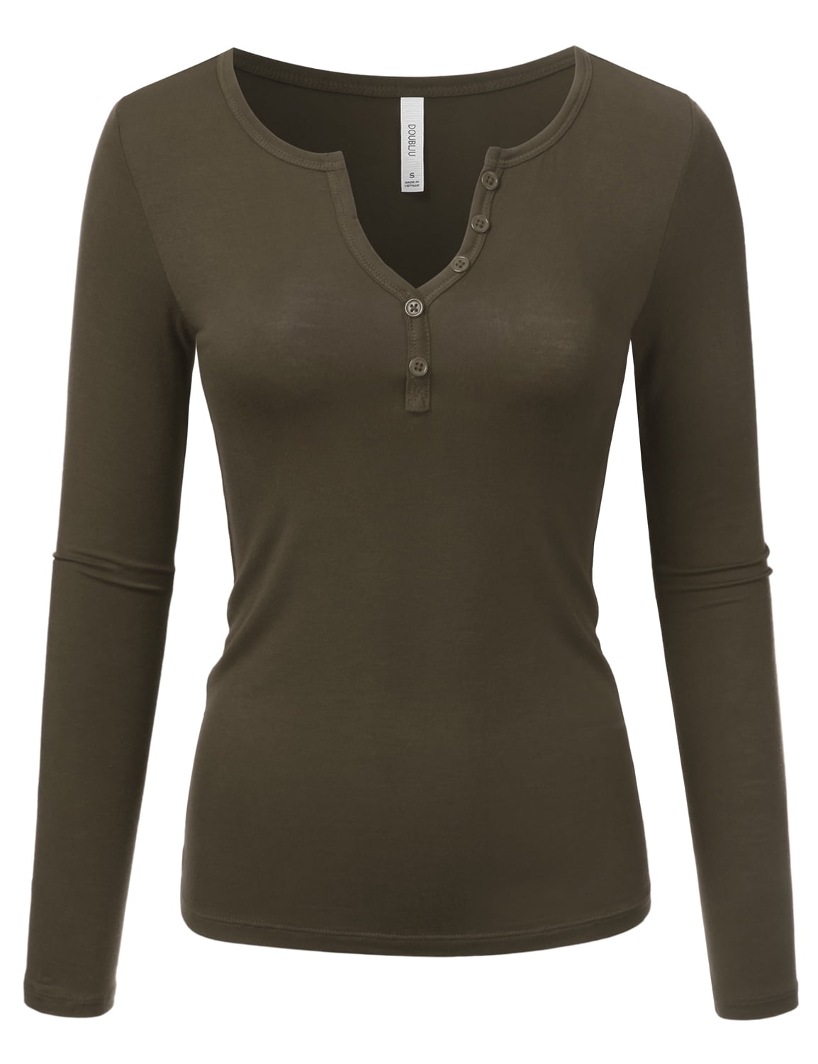 Doublju Women's Long Sleeve Basic Henley Deep VNeck Button Placket T