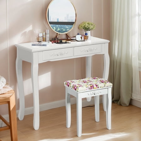 Kadyn Vanity Wood Dressing Stool Padded Piano Seat with Rose Cushion-White