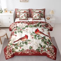 Manfei Merry Xmas Bedding Comforter Set 7 Pieces,Christmas Cardinals Full Bedding Set,Retro Red Berry Fitted Sheet Flat Sheet For Men Women,Luxury Bedroom Decor Reversible