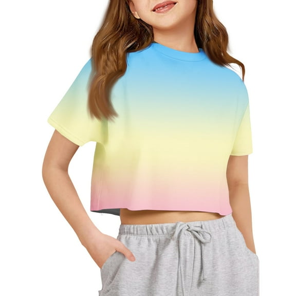 Lumtrix Crop Tops for Teen Girls Cute Short Sleeve Gradient Summer T Shirt Crewneck Fashion Shirts Tee Beige 130