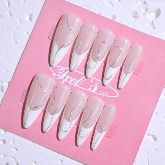 Frely's nail STILETTO Lotus,Handmade nail art,Press-On Nails, Holiday Gift Set with Holiday &, pink white & M