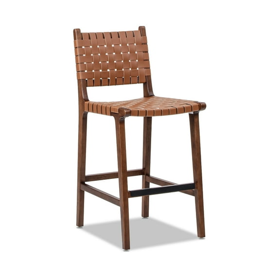 Jennifer Taylor Home Andre 26" Woven Leather Counter Stool with Back, Pecan Brown Faux Leather