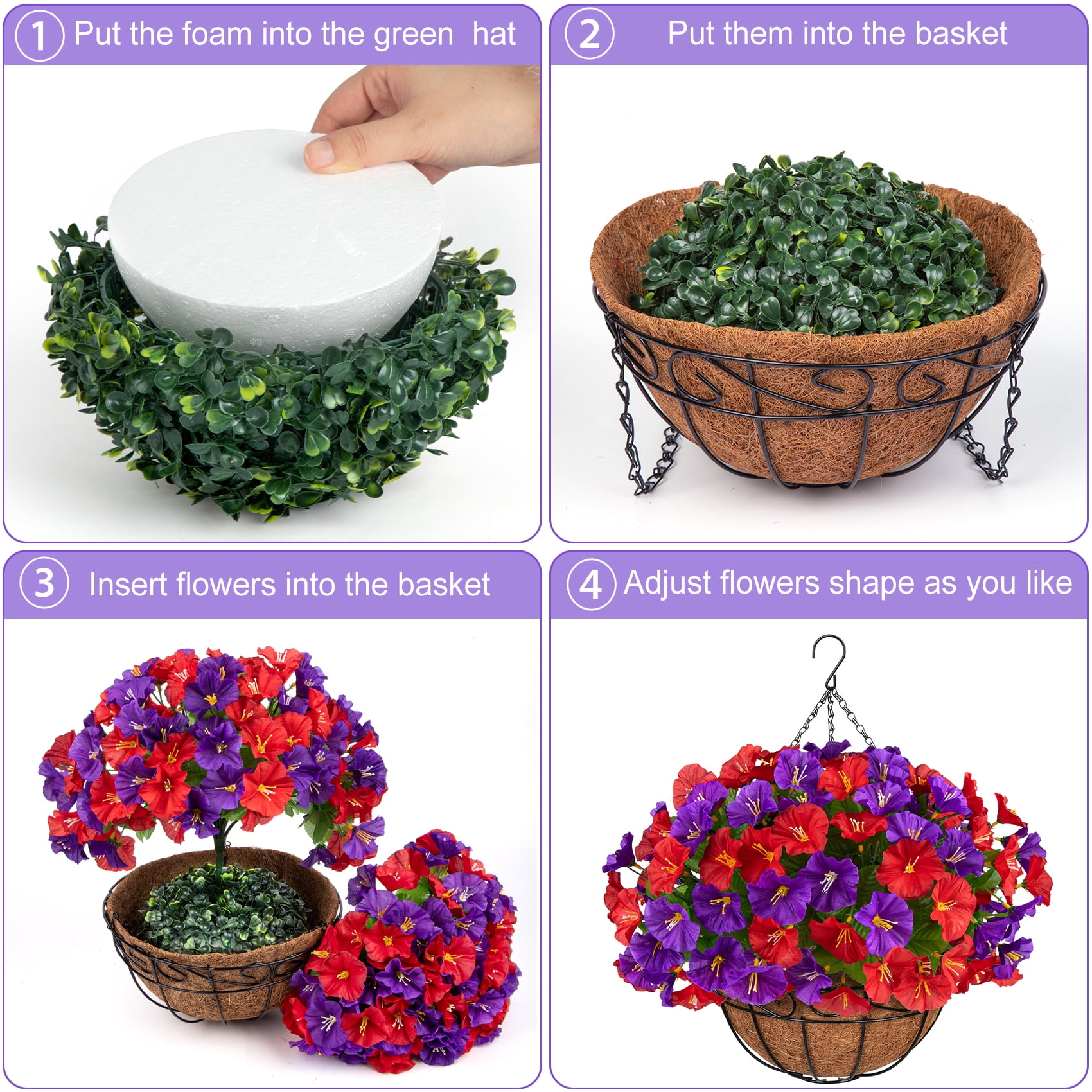AcerichFad Artificial Hanging Flowers, 4 PCS Fake Silk Flowers Faux Plants with Coconut Basket for Spring Summer Indoor Outdoor Home Decor, Red Purple
