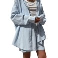 thumbnail image 4 of Women'S Cotton Summer 2 Piece Sets Long Sleeve Button Down Shirts Short Sets Vacation Outfits Blue M, 4 of 9