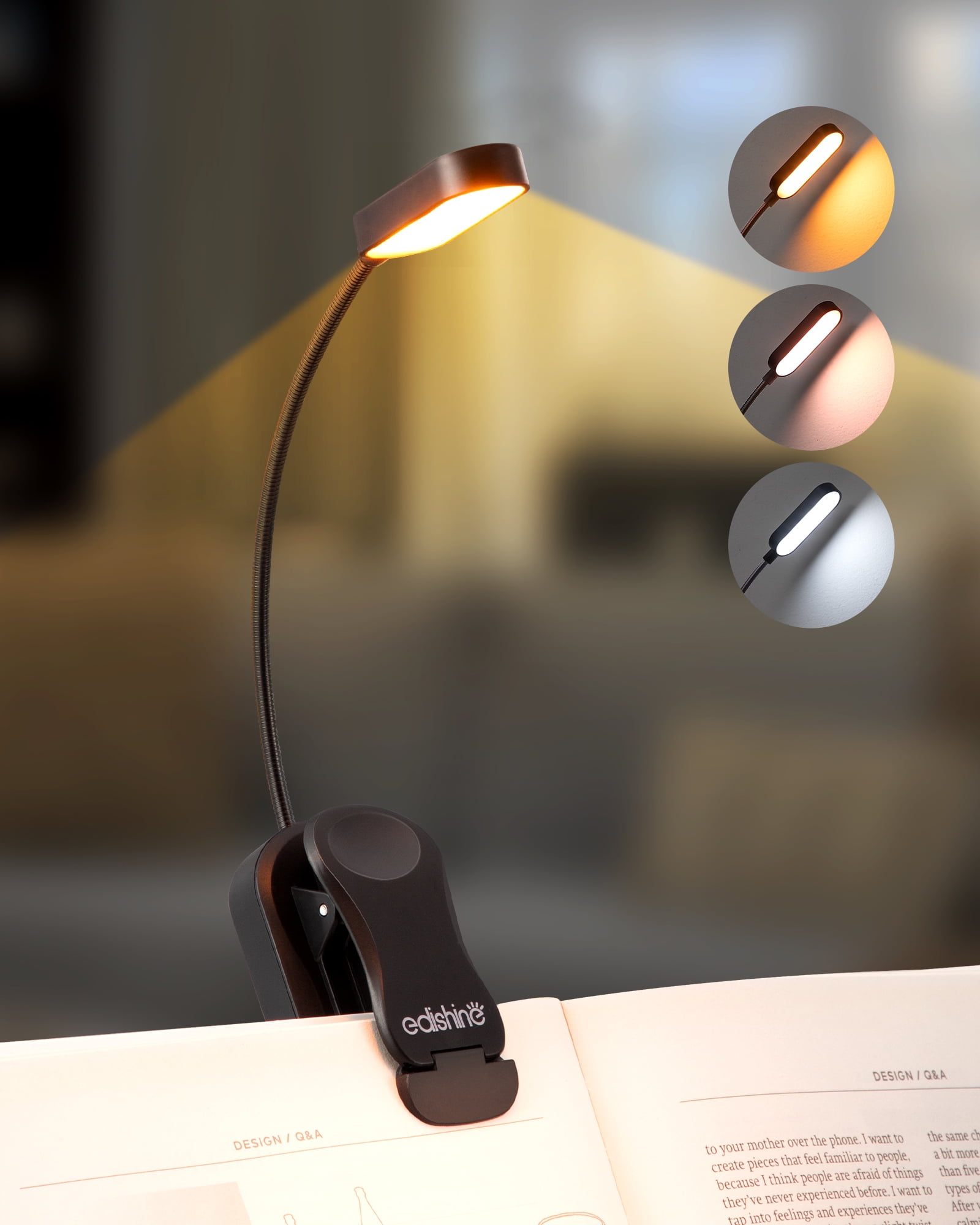 EDISHINE Book Light for Reading in Bed, 3 Color Modes & Stepless