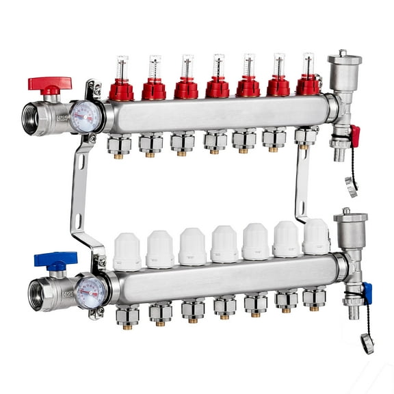 KFFKFF 7-Path Hydronic Floor Heating Manifold, 1/2" PEX Connections, Durable Stainless Steel, Includes 1/2" Adapters for Radiant Floor Warming Systems