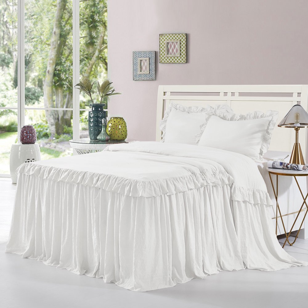 HIG 2 Piece Ruffle Skirt Bedspread Set TwinWhite Color 30 inches Drop