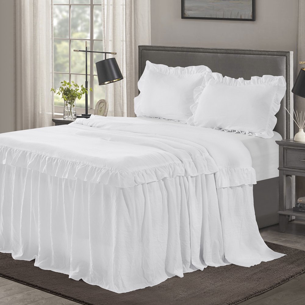 HIG 3 Piece Ruffle Skirt Bedspread Set QueenWhite Color 30 inches Drop