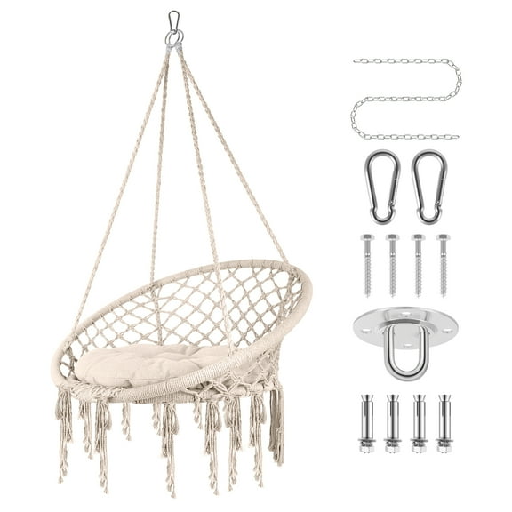 Beige Ceiling Hanging Chair, Steel O-Ring Anchors, Adjustable 14-21 Inch Height, Bohemian Swing Seat, Balcony, Meditation Space, Dorm