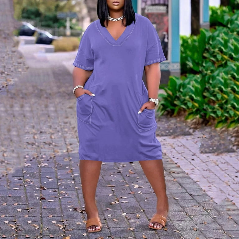 CLZOUD Summer Dress for Women Purple Polyester Spandex Dresses for Women Suitable Plus Size V Neck Dresses Short Sleeve Knee Printed A Line Swing Midi Dress Xxxl Walmart