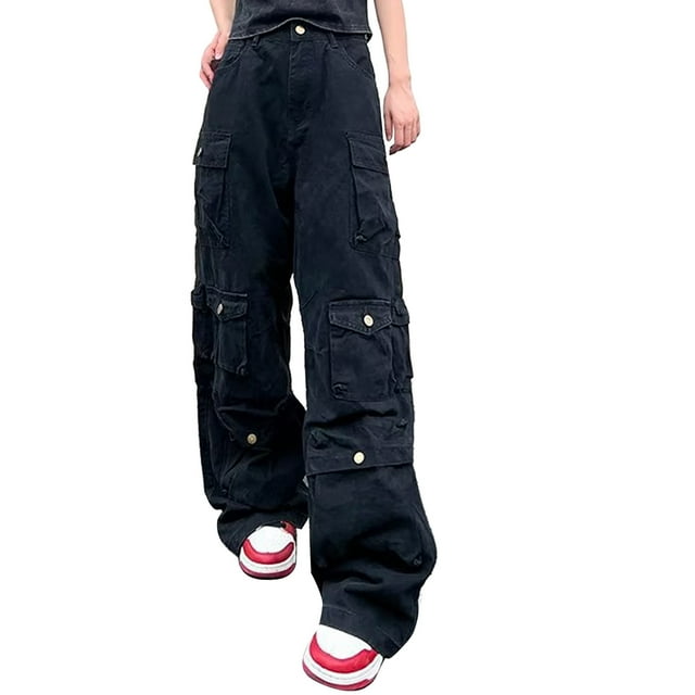 Women's Wide Leg Cargo Pants - High Street Style, Drawstring Bottom, Multi-Pocket Design, Loose Fit - S-XXXL Sizes