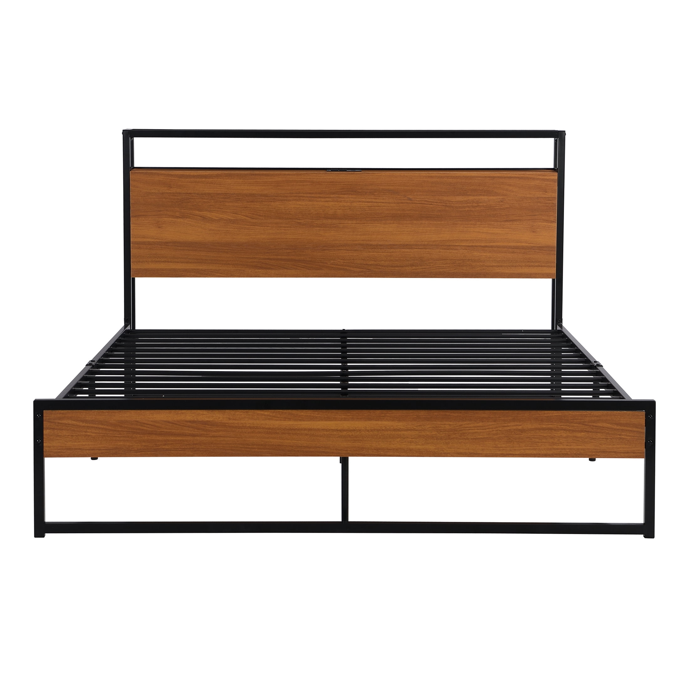 Aukfa Metal Queen Size Bed Frame with 2-Tier Storage Headboard Shelf, 2 USB Ports, Brown