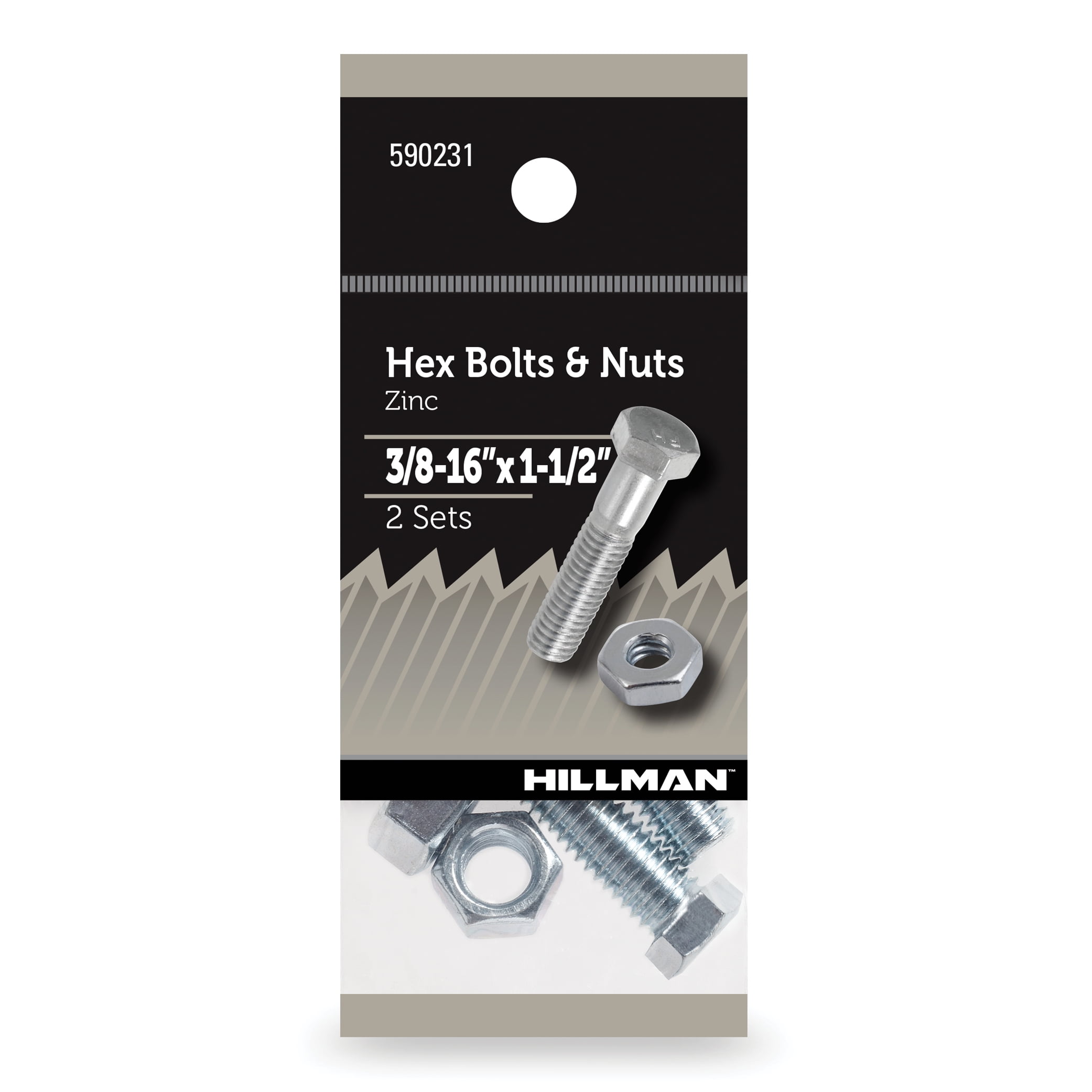 Hillman Hex Bolts and Nuts, Grade 2 Steel, Zinc, 3/8-16" x 1.5", 2 Sets
