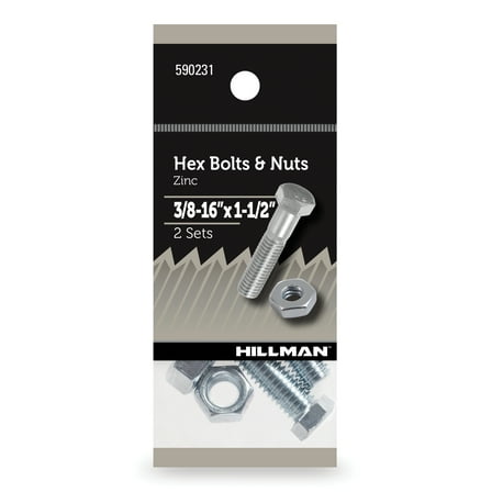 Hillman Hex Bolts and Nuts, 3/8-16" x 1-1/2", Steel, Zinc Finish, Silver, 2, sets