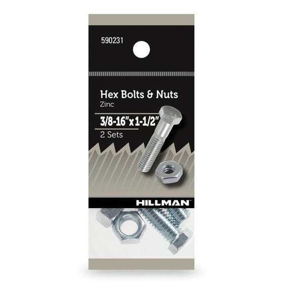 Hillman Hex Bolts and Nuts, 3/8-16" x 1-1/2", Steel, Zinc Finish, Silver, 2, sets