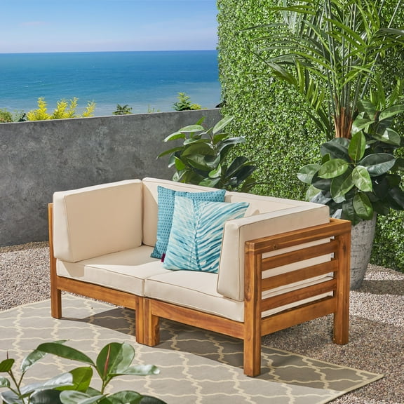 Dawson Outdoor Modular Acacia Wood Loveseat with Cushions, Teak and Beige
